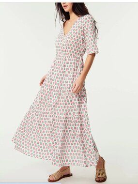 DES PETITS HAUTS Dress Uliette Jasmin White pink Floral Button Front maxi Dress